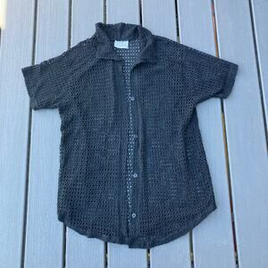 Vintage black crochet short sleeve open button up, 90s summer indie sleaze
